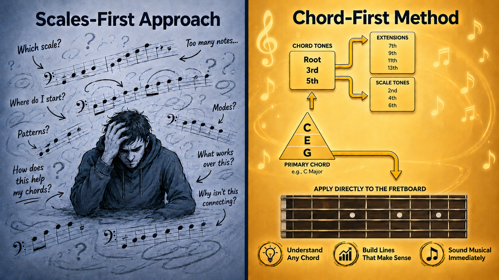 Side by side: scales-first vs chord-tones-first approach to bass