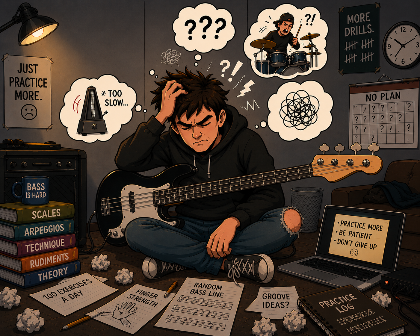 A frustrated bass player surrounded by scattered exercises, theory books, and no clear plan