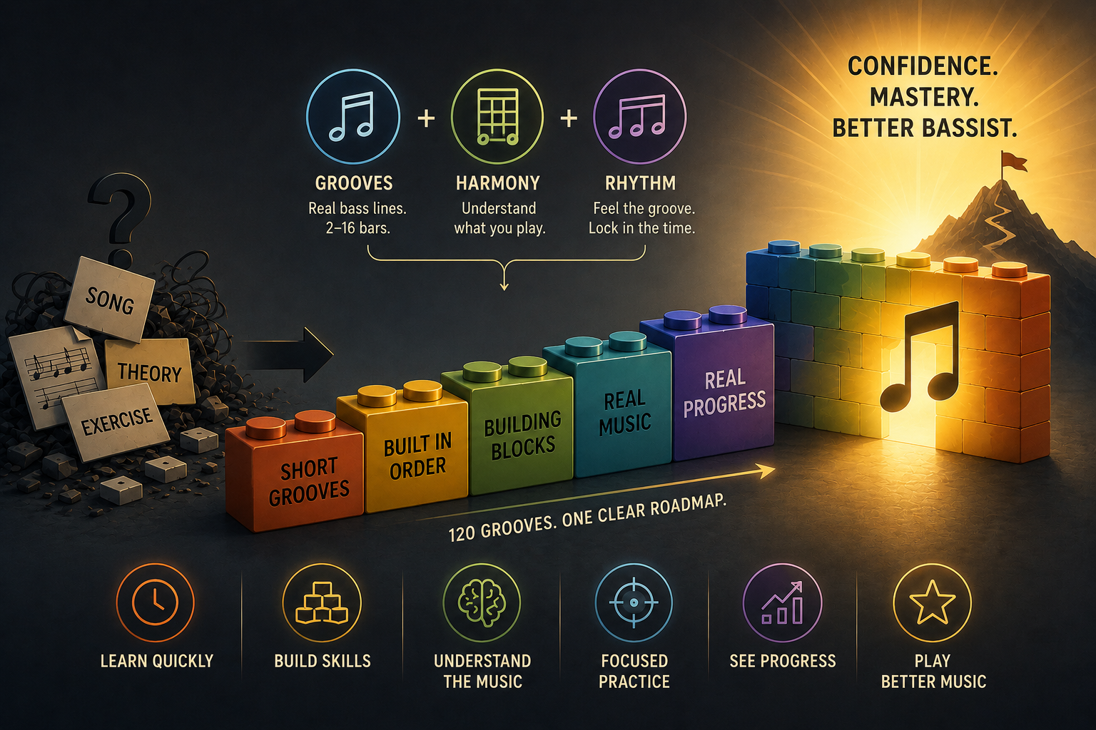 120 grooves built into a step-by-step roadmap, leading from short building blocks to confidence and mastery