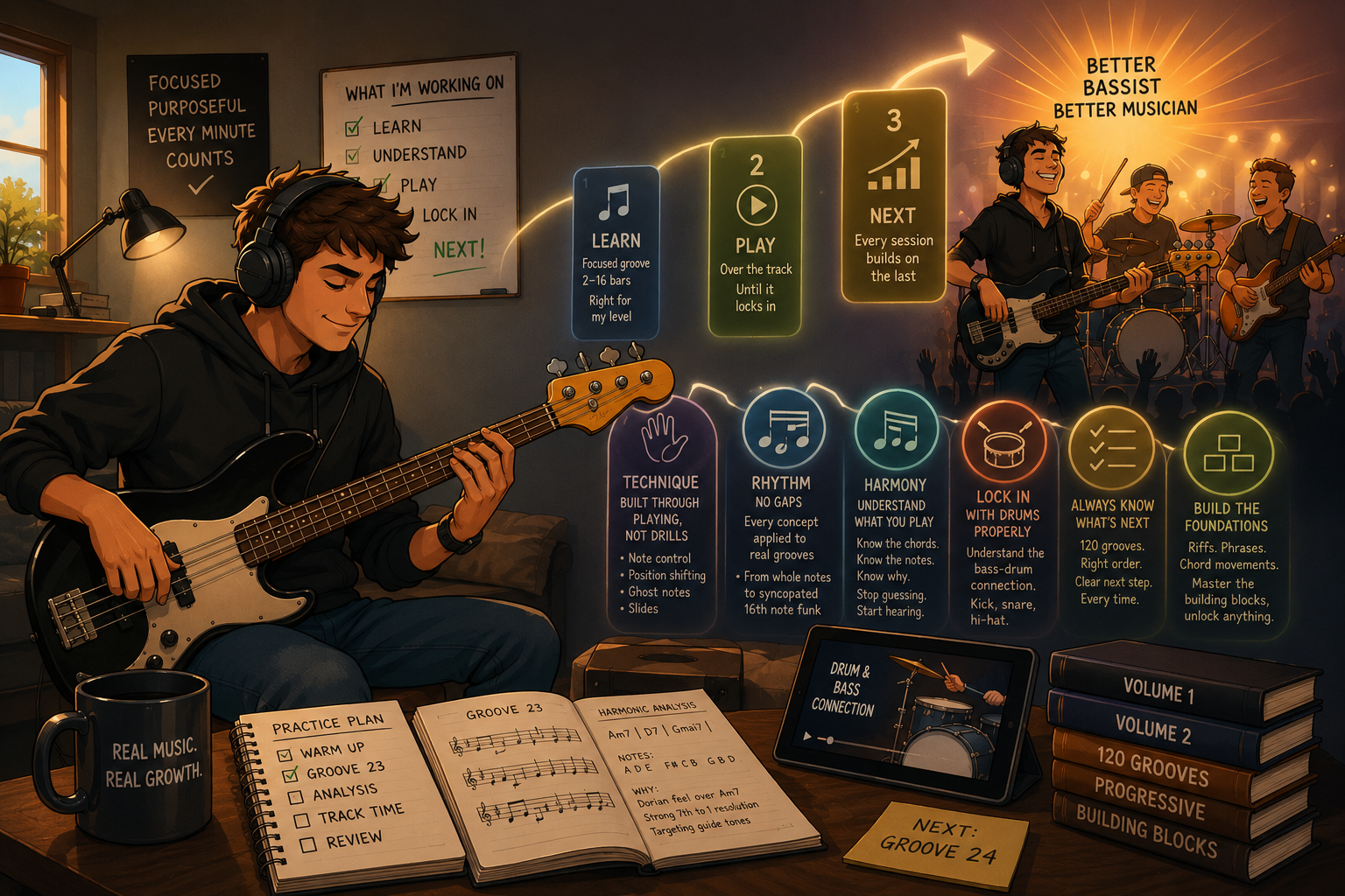 A focused, confident bass player working through a structured practice plan, building toward playing in a band