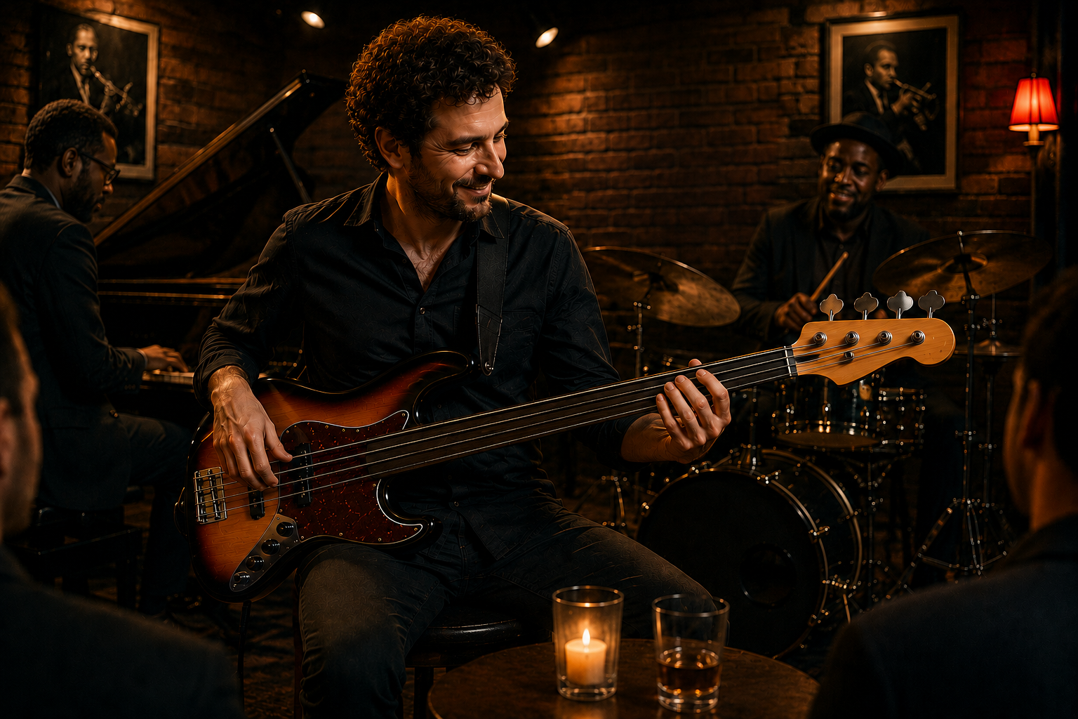 A bass player confident at a jazz session, walking freely through a chord progression