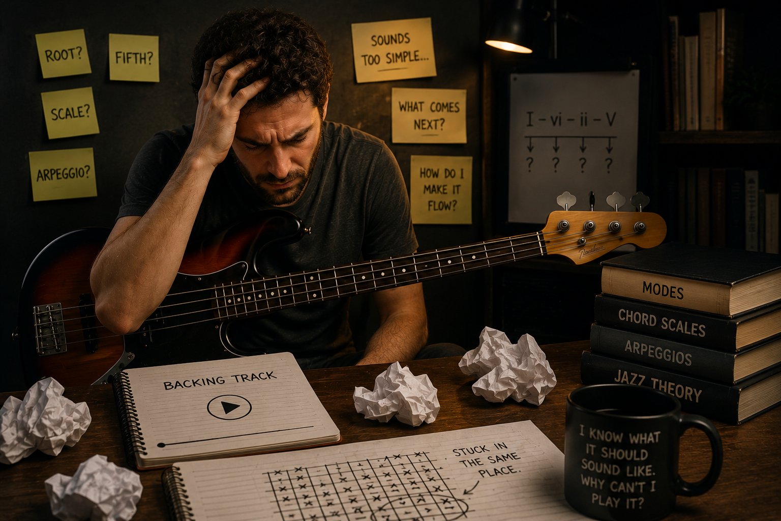 A frustrated bass player surrounded by theory books and sticky notes: root? fifth? scale? arpeggio? what comes next?