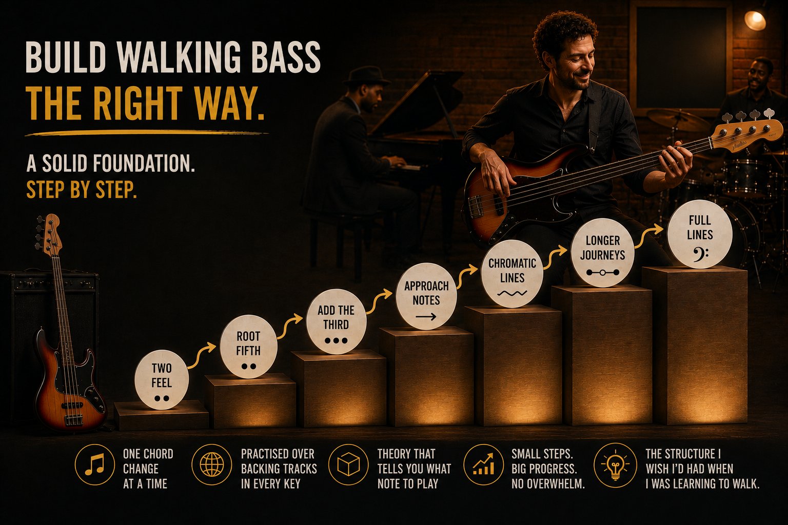 The Simple Steps Method: how walking bass is built step by step from two feel to full improvised lines