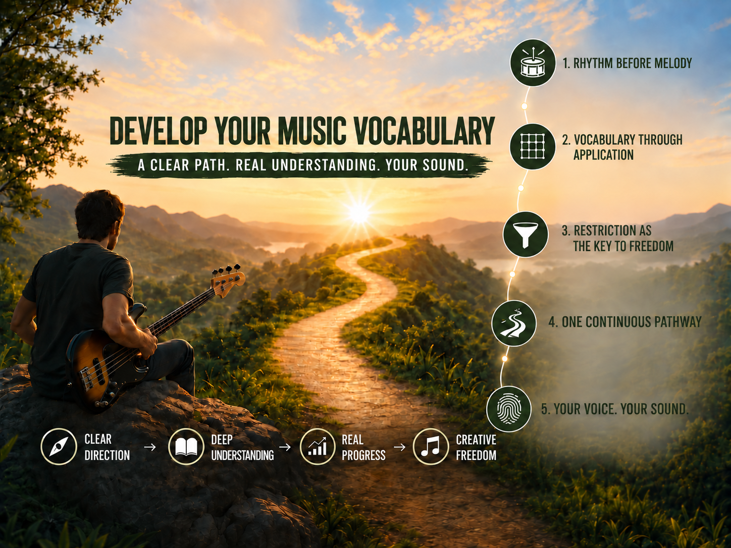 How The Creative Bassist course works — a clear path from rhythm foundations to creative freedom