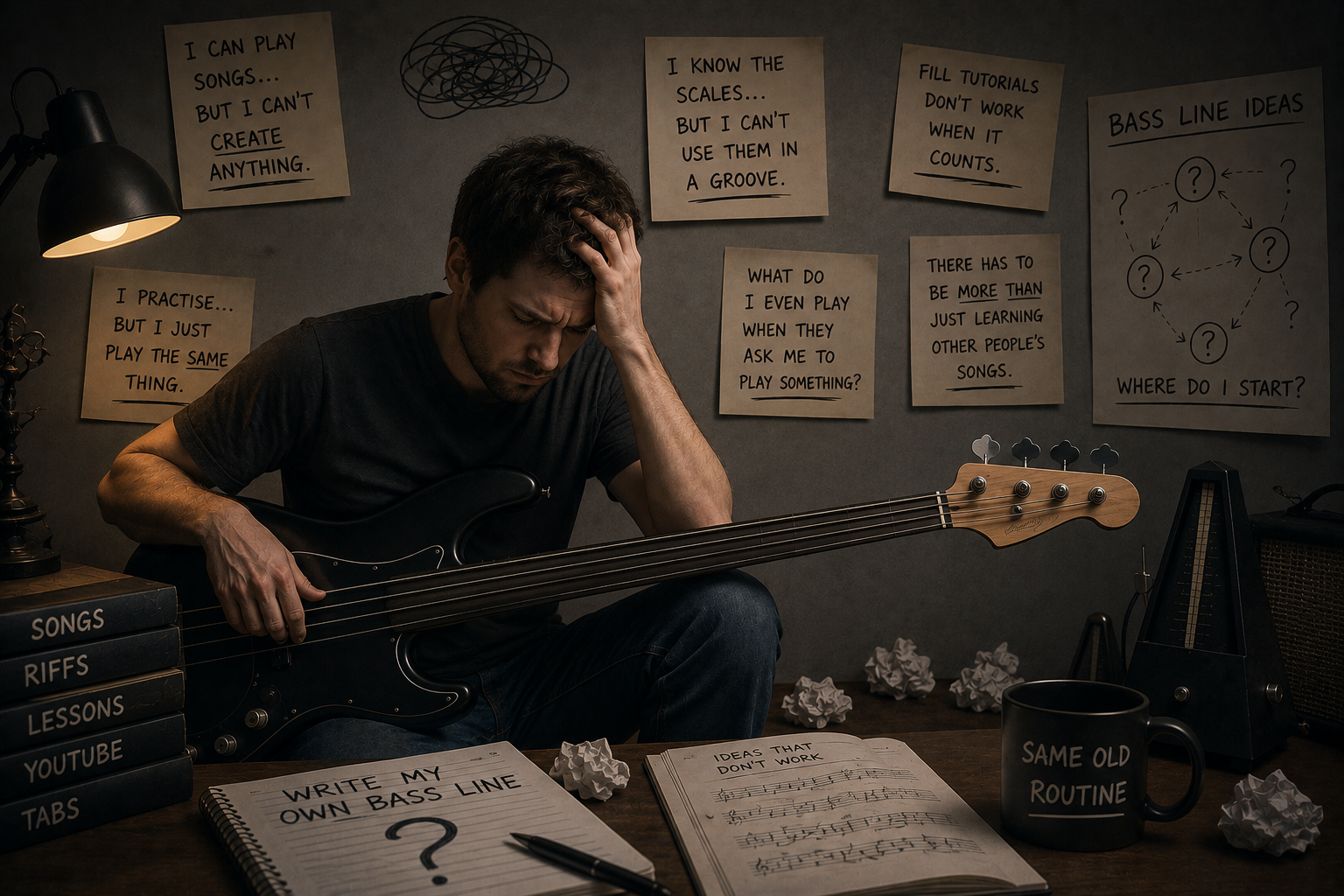 A bass player frustrated, surrounded by songs and tabs but unable to create their own music