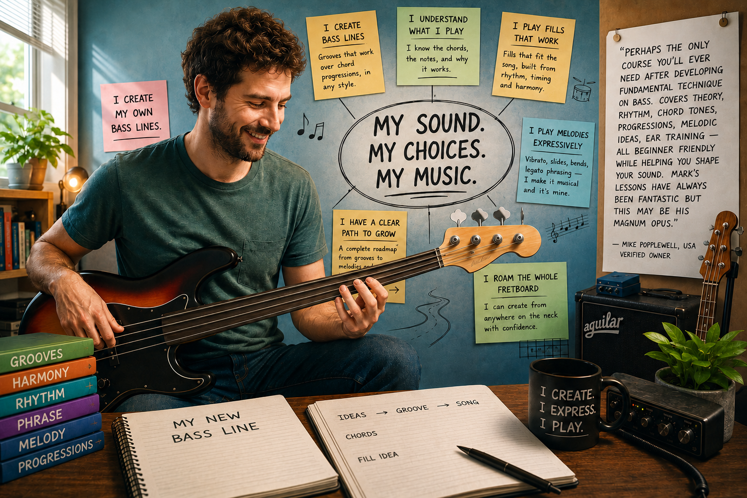 A bass player confident and creative, playing their own music with understanding